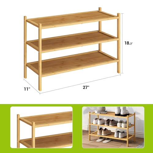 BMOSU 3-Tier Bamboo Shoe Rack Premium Stackable Shoe Shelf Storage Organizer for Hallway Closet Living Room Entryway Organizer(Natural) - color: Natural, size: 3-Tier（27*11*18.3inches）