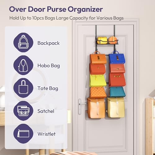 SWTYMIKI Over The Door Purse Organizer - Wall Mounted Purse Rack with 10 Hooks and Metal Basket, Handbag Hanger Organizer Holds up to 10 Bags, Bag Rack Can Use As 1/2 Part, for Door, Closet - color: Black, size: 6-Tier