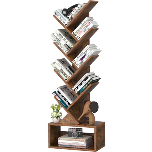 SHEEPAM 9 Tier Tree Bookshelf,Christmas Green Bookcase for Narrow Space, Storage Organizer Floor Standing Bookshelves for Books, Tall Book Case for Home Office, Living Room, Bedroom - color: Retro Brown, size: 9 Tier