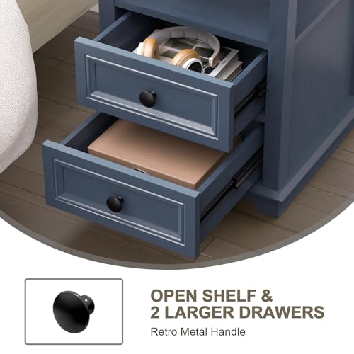 REDAYFUR 18" Wide End Table with Fast Charging Station Set of 2, 18” Wide Sofa Side Table with Drawers,End Table with Drawers for Living Room,Blue - color: Dark Blue, size: 1 Set