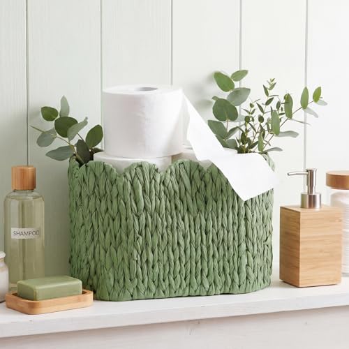 Kathfly Sage Green Toilet Paper Storage Basket Scalloped Wicker Woven Bathroom Basket Toilet Paper Holder Holds up to 6 Mega Rolls Woven Organizer for Home Bathroom Kitchen Offices - style: Scalloped Style