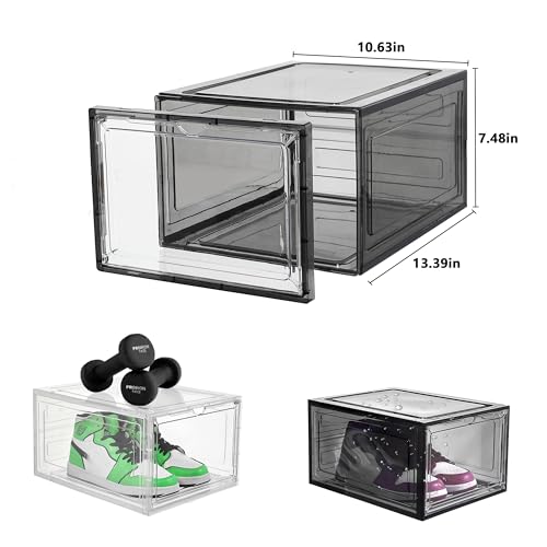 Attelite Upgrade 12pack Shoe Box Storage Containers,Thicken Sturdy Clear Stackable Plastic Shoe Organizer Box with Magnetic Door, Drop Front Shoe Box Sneakers X-Large - color: Clear Black, size: XL-12-pcs
