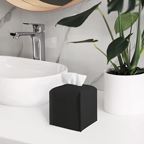 carrotez Tissue Box Cover, [Refined] Modern PU Leather Square Tissue Box Holder - Decorative Holder/Organizer for Bathroom Vanity Countertop, Night Stands, Office Desk & Car 5X5X5 - Black - color: Black, size: [Square]