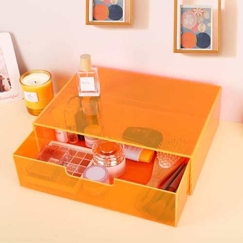 Gelite Acrylic Desk Organizer with Drawer for Makeup Vanity Stackable Desktop Storage Box for Office Supplies, 13.8 x 9.8 x 3.9’’, Neon Orange - color: Neon Orange