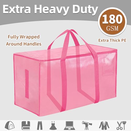 6 Pack-Extra Large Heavy Duty Moving Bags - Waterproof Storage Totes with Handles & Zippers, Foldable for College Dorm, Storage (Pink) - color: Pink, size: 6