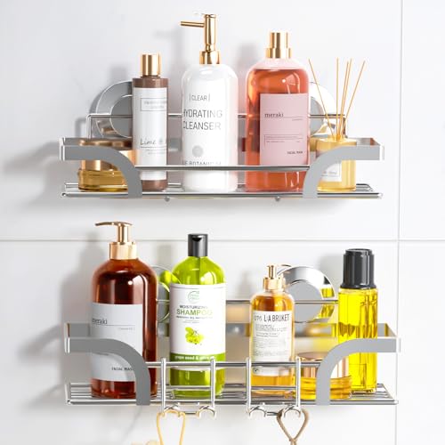 LEVERLOC 2 Pack Shower Caddy Suction Cup, Shower Shelves for Inside, Rustproof Metal Bathroom Storage NO-Drilling Bath Organizer with Large Capacity,Heavy Duty Storage Basket,Home Decor,Silver - color: Silver