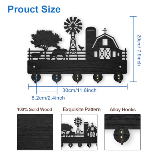 MAYJOYDIY Farm Cow Sheep Coat Rack Wall Mounted Wood Farmhouse Animal Key Hanger Wall Art Decor 11.8×7.9inch 5 Alloy Hooks Black Key Rack Organizer for Gift Entryway Hallway Kitchen Room - color: Farm Cow Sheep