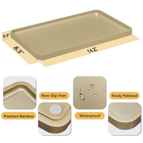 Weenson Gold Bathroom Vanity Tray for Countertop Decor Perfume Makeup Toiletries Toilet Tank, Large Bamboo Kitchen Tray for Spice Salt, Serving Tray for Food Coffee, Nightstand Candle 14.2”x8.3” - color: Gold, size: 14.2" x 8.3" x 0.8"