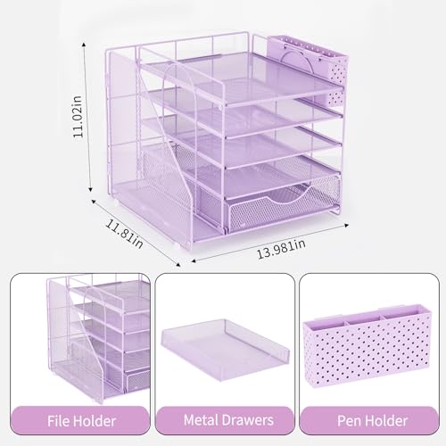 Desk Organizer with Drawer and Pen Holder, 5-Tier Paper Letter Tray Organizer with File Holder, Suitable for Workspace Organizer Office Supplies Storage (Purple) - color: Purple