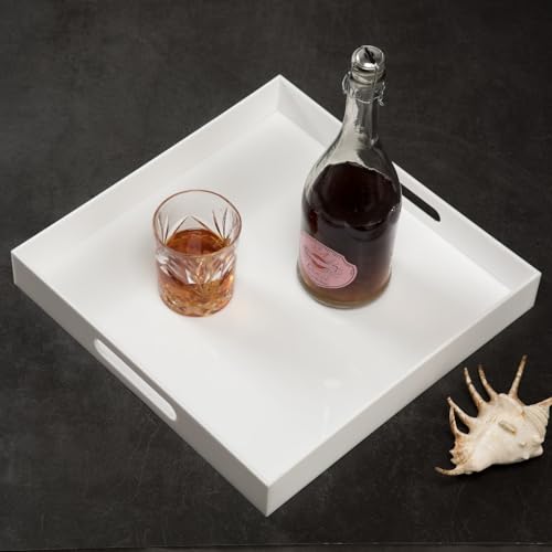 KEVLANG Glossy White Sturdy Acrylic Serving Tray with Handles-14x14Inch-Serving Coffee,Appetizer,Breakfast,Butler-Kitchen Countertop Tray-Makeup Drawer Organizer-Vanity Table-Ottoman Tray - color: Glossy White, size: 14" x 14" x 2"