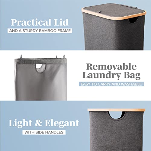 LONBET Laundry Basket with Lid, Made from Breathable Fabric | Aesthetic Clothes Hampers for Laundry with Side Handles & Sturdy Bamboo Frame (26 Gallons - Single, Gray) - color: Gray, style: 26 Gallons - Single