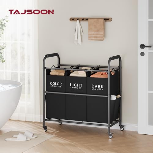 Tajsoon 3 Bag Laundry Sorter Cart, Laundry Hamper Sorter Basket with Heavy Duty Lockable Rolling Wheels for Clothes Storage, Black - color: Black, size: 3 Bag