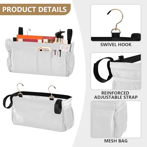 White Bedside Caddy Storage Bag Bedside Organizer for Bunk Bed Headboards College Hanging Storage Organizer 6 Pockets with Hooks for Drinks Magazine Phone Holder - color: White