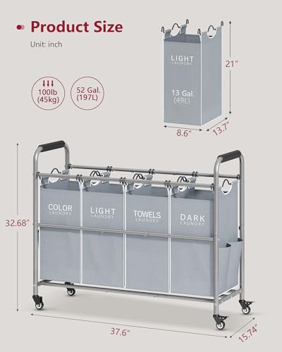 Tajsoon 4 Bag Laundry Sorter Cart, 4 Section Laundry Hamper Sorter with Heavy Duty Lockable Rolling Wheels, Laundry Separator Hamper with Removable Bags for Dirty Clothes Storage, Grey & White - color: GreyWhite