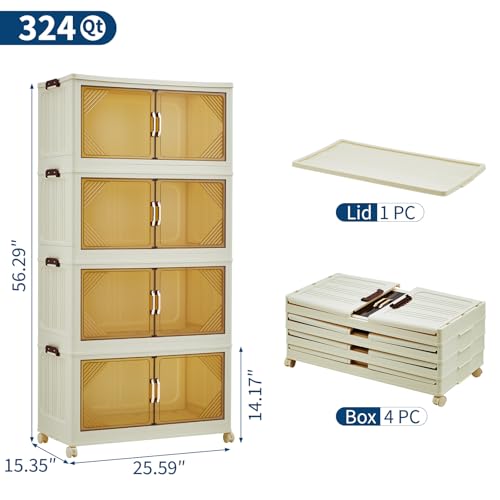 GarveeHome 324QT Stackable Storage Bins, Folding Storage Box with Magnetic Doors & Wheels, Loset Organizers and Storage with Lids, Collapsible Plastic Drawers for Bedroom Kitchen Office, White - color: 4rd floor, size: 81QT