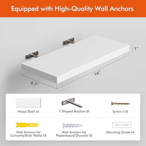 YUFLINX 16’’White Floating Shelves for Wall Set of 4,Rustic Wood Shelf for Room Decor/Storage/Display,Small Bookshelf,Wall Mounted Hanging Shelves for Bedroom, Bathroom, Living Room, Kitchen - color: White, size: 16in