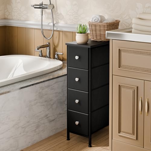 Fixwal Narrow Storage Cabinet, Small Dresser with 4 Drawers, Slim Fabric Dresser Storage for Small Spaces, Black Nightstand Side Table for Bedroom, Bathroom, Laundry, Closet, Dorm - color: Black