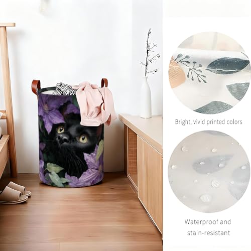 Cat Laundry Basket with Dark Botanical Art, Funky Collapsible Oxford Cloth Hamper for Kids Room, Colorful Floral Storage Bin for Spring Decor (15.75x15.75x19.7") - color: Colorful592