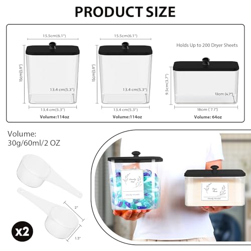 COAZEX 3 Pack Plastic Laundry Pods Container & Dryer Sheet Holder, Laundry Room Organization and Storage Jars with Lids, Scoops & Labels for Detergent, Powder, Scent Booster(Black Lid) - color: C-2+1 Pack(Black Lid)