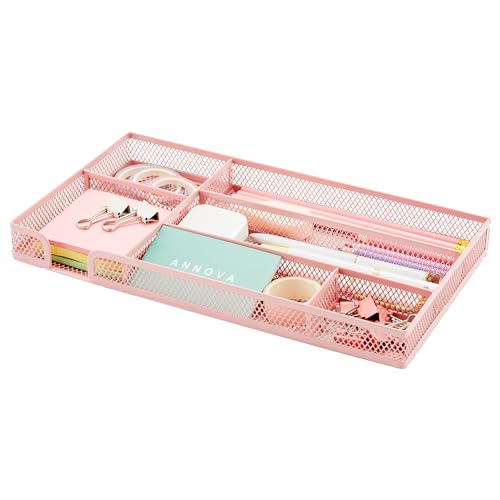 Annova Desk Drawer Organizer Tray for Office Organization - Metal Mesh - Storage Tray with Dividers for Pens, Desktop Accessories, Bathroom, Kitchen, Makeup and Office Supplies (Small, Light Pink) - color: Light Pink, size: Small