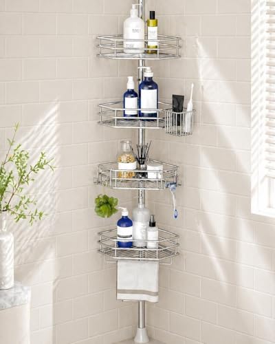 SEIRIONE Corner Shower Caddy Tension Pole, Quick Setup, Rust-Free Bathroom Shower Organizer Corner for Bathtub Shampoo Storage, 4-Tier Adjustable Shelf, Drill Free, Fits 34 to 116 Inch Height, Silver - color: Silver