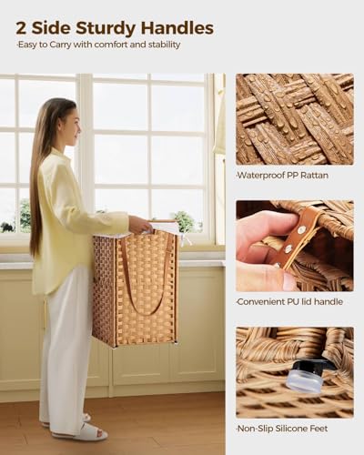 Greenstell Laundry Hamper with Wheels, No Install Needed, 90L Divided Handwoven Hampers & 2 Removable Liner Bags, Synthetic Rattan Clothes Laundry Basket with Lid & Handles, Foldable Hampers Natural - color: Natural, size: 90L: 18.3x13.5x26.4 Inches