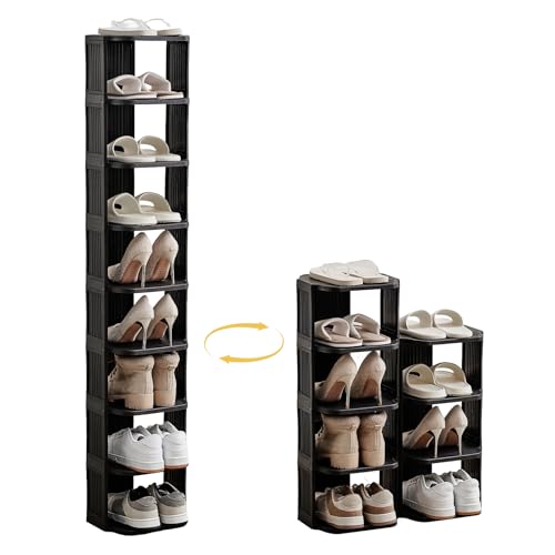 Vertical Shoe Rack, 9-Tier Plastic Stackable Storage Shelf for Small Closets and Narrow Spaces, Compact Free Standing Shoe Racks for Entryway Bedroom Dormitory - color: Black, size: 9 Tiers