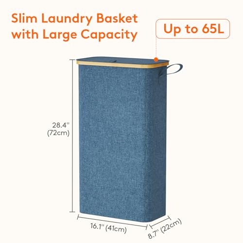 Lifewit 65L Slim Laundry Hamper with Lid, Narrow Laundry Basket with Removable Bag & Bamboo Handles, Fodable Thin Dirty Clothes Hamper for Laundry Collapsible Bin for Bathroom Bedroom Dorm, Dark Blue - color: Dark Blue, size: 65L