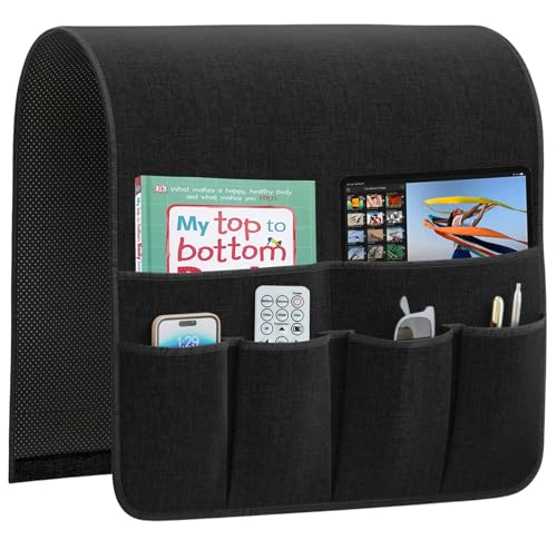 Armrest Organizer Non Slip Remote Control Holder Arm Chair Couch Caddy For Recliner Sofa Bedside With 6 Pocket Storage for Tablet Phone iPad (Black, W19 x L33) - color: Black, size: W19" x L33"