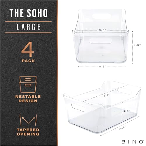 BINO | Plastic Organizer Bins, Large - 4 Pack | The SOHO Collection | Multi-Use | Pantry & Freezer Organizer Bins | Plastic Storage Containers for Home & Kitchen Org - size: Large