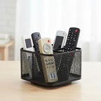 360° Rotating Remote Control Holder, Metal Mesh 5 Compartments Remote Caddy with Handle for Desk or Nightstand Storage, Space-Saving Desk Organizer Style Supply Organizers for Office Desk Accessories