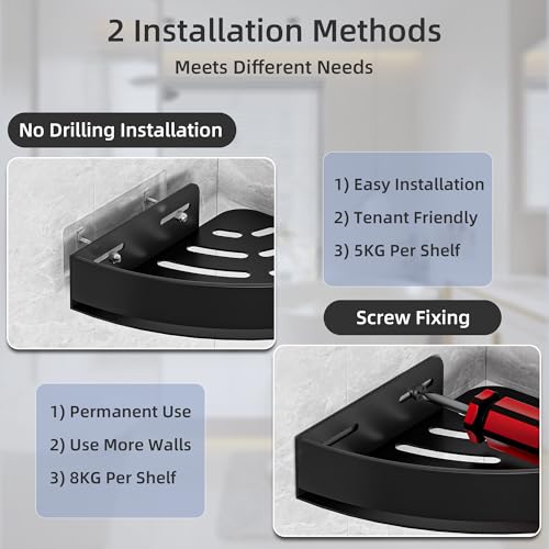 Wisfame Black Corner Shower Caddy - Rustproof Aluminium Triangle Shower Shelf - No Drill & Drill Installation - 2 Bathroom Shelves Wall Mounted (20LB Capacity/Tier) - color: Black