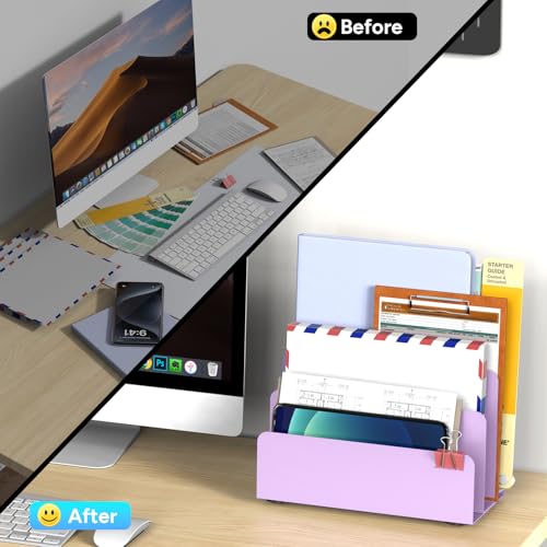 Mail Organizer Countertop, Small Desk File Organizer, Metal File Holder - Essential Workspace Organizers for Office Desk, Home Office (Purple) - color: Purple