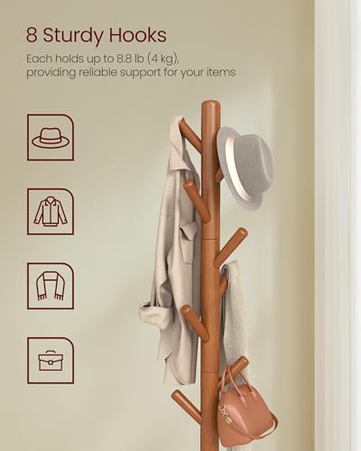 VASAGLE Coat Rack, Free Standing Coat Stand, Hall Coat Tree with 8 Hooks and Storage Shelf, 69.2 Inch Tall, for Coats, Hats, Bags, for Entryway, Hallway, Bedroom, Caramel Brown URCR033K01 - color: Caramel Brown, style: round tray