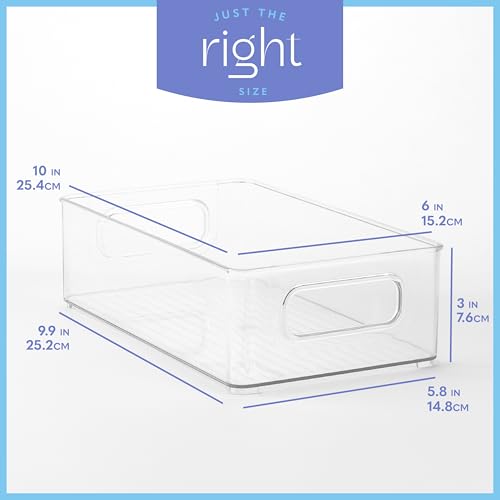 Plastic Food Storage 2 Pack Clear Container Bin with Handles for Organizing Kitchen, Pantry, Refrigerator, Freezer, Pantry, Cabinet, Closet, Bathroom. Stackable 10”x6”x3” - size: 10x6x3