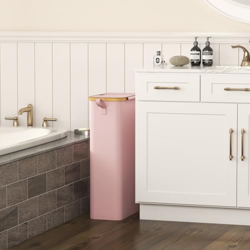 Lifewit 65L Slim Laundry Hamper with Lid, Narrow Laundry Basket with Removable Bag & Bamboo Handles, Fodable Thin Dirty Clothes Hamper for Laundry Collapsible Bin for Bathroom Bedroom Dorm, Pink - color: Pink, size: 65L
