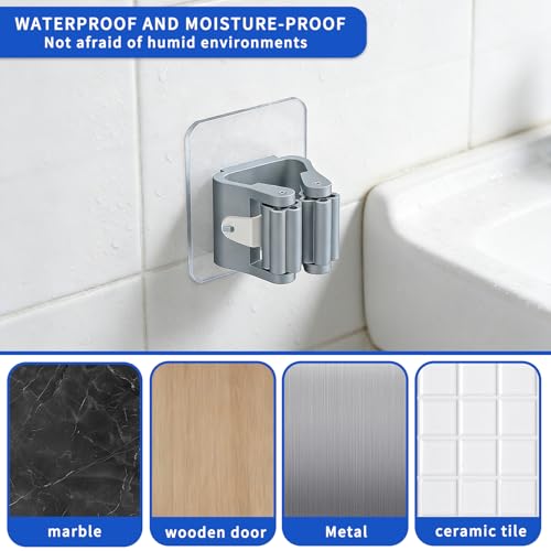 Broom Holder Wall Mount, 4 Pack Mop and Broom Holder, PlasticBroom Hangers for Wall, Gray, Space-Saving Tool Organizer for Kitchen Laundry Garage Garden, Easy Install, Non-Slip Grips