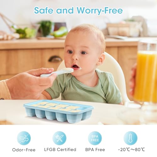 DOQAUS Ice Cube Tray with Lid and Bin - 4 Pack Silicone Ice Cube Trays for Freezer, Stackable Ice Bucket Kits with Storage Container & Scoop for Kitchen, RV, Cocktail, Coffee - color: Lake Blue