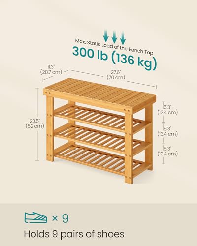 SONGMICS Shoe Rack Bench, 4 Tier Bamboo Shoe Storage Organizer, Entryway Bench, for Living Room, Bathroom, Bedroom, 11.3 x 27.6 x 20.5 Inches, Light Bamboo ULBS370YL01 - color: Light Bamboo, size: 11.3"D x 27.6"W x 20.5"H