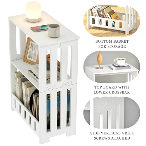 HAYOFAMY 3 Tier Side Table Night Stand, Narrow End Table with Display Shelf, Small Bookcase Bookshelf, Simple Bedside Table Storage Rack for Bedroom, Living Room, Office, Bathroom, White