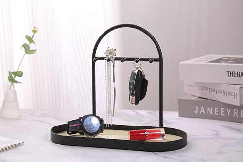 Shinpuru Metal Jewelry Organizer Stand & Key Holder Tray with Acrylic Base, Key Stand and Jewelry Tray with 5 Hooks, Perfect Key Bowl, Valet Tray, Ring Holder, Jewelry Dish (Matt Creamy) - color: Matt Creamy