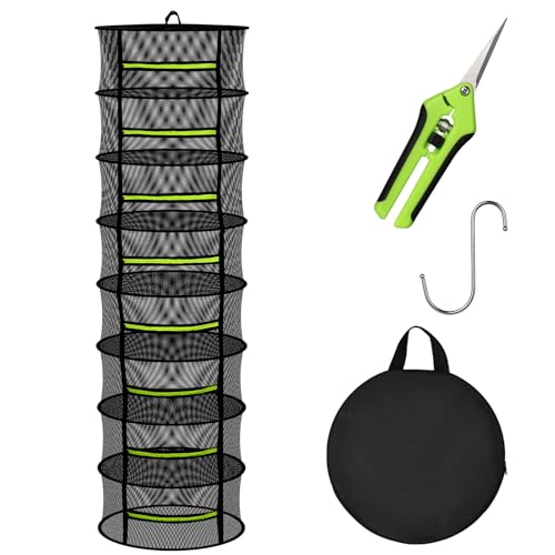 MEKOLIFE Herb Drying Rack Hanging-8 Layer, Collapsible Large Capacity Mesh Net with Green Zipper, Hooks & Bonus Garden Scissors, for Fresh Herbs/Flowers/Plants, Indoor Outdoor Use (23.62") - size: 8 Layers