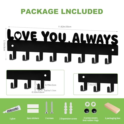 Key Holder Wall Mount & Love You Always Sign Key Holder, Key Hooks with 8 Hooks, Key Holder for Wall Self Adhesive, Key Rack for Wall No Drill for Entryway, Front Door, Hallway, Living Room - Black