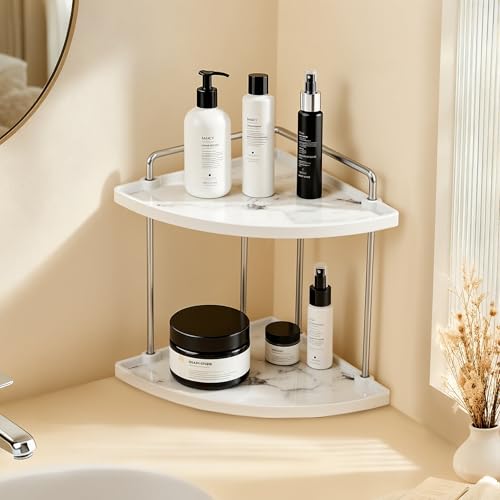 KES Hancrafted Ceramic Corner Bathroom Counter Organizer, 2-Tier Bathroom Countertop Organizer with Marble Pattern, Vanity Skincare Perfume and Makeup Storage, Polished Chrome, BSC901-CH - color: Chrome
