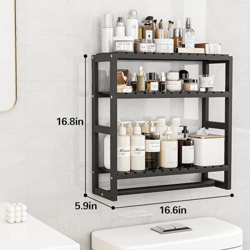 Galood Over The Toilet Storage Bathroom Shelves Wall Mounted 3 Tier Space Saver Corner Shelf Organizer Bamboo Towel Rack Toilet Paper Cabinet with Hanging Rod Black Sets - color: Black 2pack, size: Standard