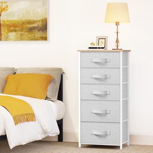 YITAHOME Tall 5 Drawer Dresser - Fabric Storage Tower, Organizer Unit for Bedroom, Living Room, Hallway, Closets - Sturdy Steel Frame, Wooden Top & Easy Pull Fabric Bins - Light Grey - color: Pale Gray, style: 5-Drawer