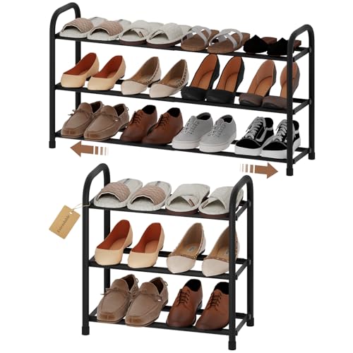 Expandable Shoe Rack, 3-Tier Metal Small Shoe Rack, Adjustable Shoes Organizer, Storage Shelf for Closet, Entryway, Black - color: Black, size: 3-Tier