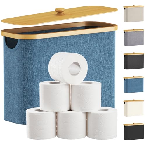 Lifewit Toilet Paper Storage Holder for 9 to 12 Rolls, Free Standing Toilet Paper Basket Stand with Bamboo Lid, Collapsible Fabric Bathroom Organizer Box for Mega Rolls, 23L, Large, Dark Blue - color: Dark Blue, size: 23L