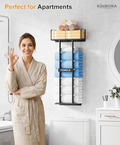 KIMBORA Towel Racks for Bathroom with Top Towel Shelf Hold 8 Large Rolled Towels, 36" Wall Mounted Bathroom Towel Storage Organizer for Small Bathroom, Camper, Rv (Black)