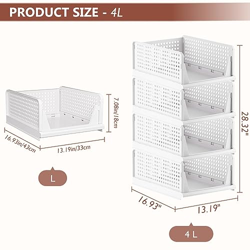 4 Pack Folding Closet Organizers Storage Box, Stackable Storage Bins, Plastic Drawer Basket Closet Storage for Wardrobe Cupboard Kitchen Bathroom Office White-4L - size: 4 PACK-L
